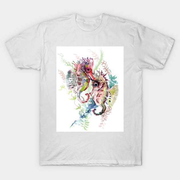 Seahorse, soft Coral Pink Gray artwork T-Shirt by surenart